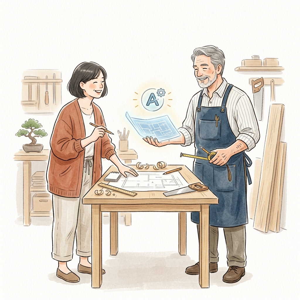 AIの大工さんと人間の施主のイメージ